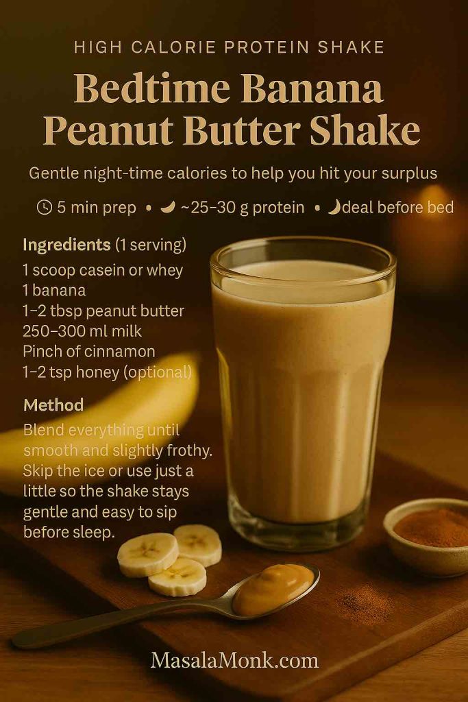 Bedtime Banana Peanut Butter Shake high calorie protein shake recipe card with a creamy shake in a glass, surrounded by banana slices, peanut butter and cinnamon on a wooden board against a warm evening background, from MasalaMonk.com