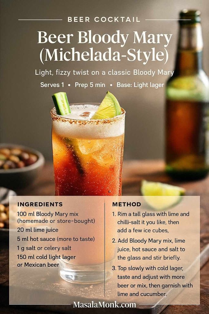 Beer Bloody Mary Michelada-style recipe card with a tall tomato and lager cocktail in a chilli-salt rimmed glass, garnished with lime and cucumber, MasalaMonk.com