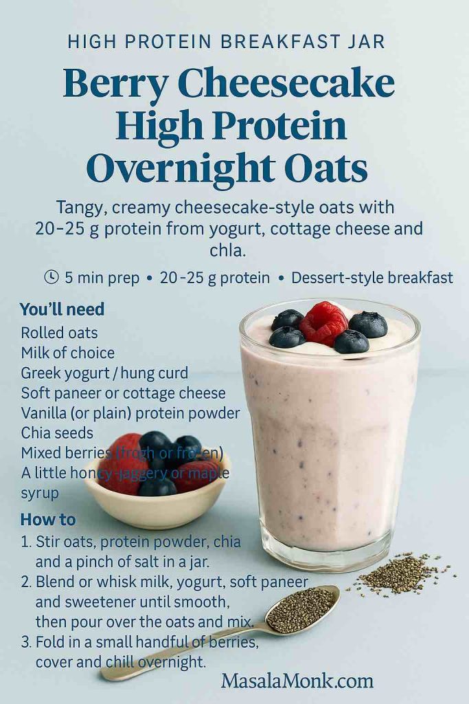Berry Cheesecake High Protein Overnight Oats recipe card showing a jar of creamy cheesecake-style overnight oats topped with mixed berries, alongside a short ingredient formula and step-by-step method including folding in berries and topping them in the morning.