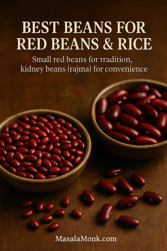 Two wooden bowls filled with small red beans and red kidney beans on a wooden table, showing the best beans for red beans and rice.