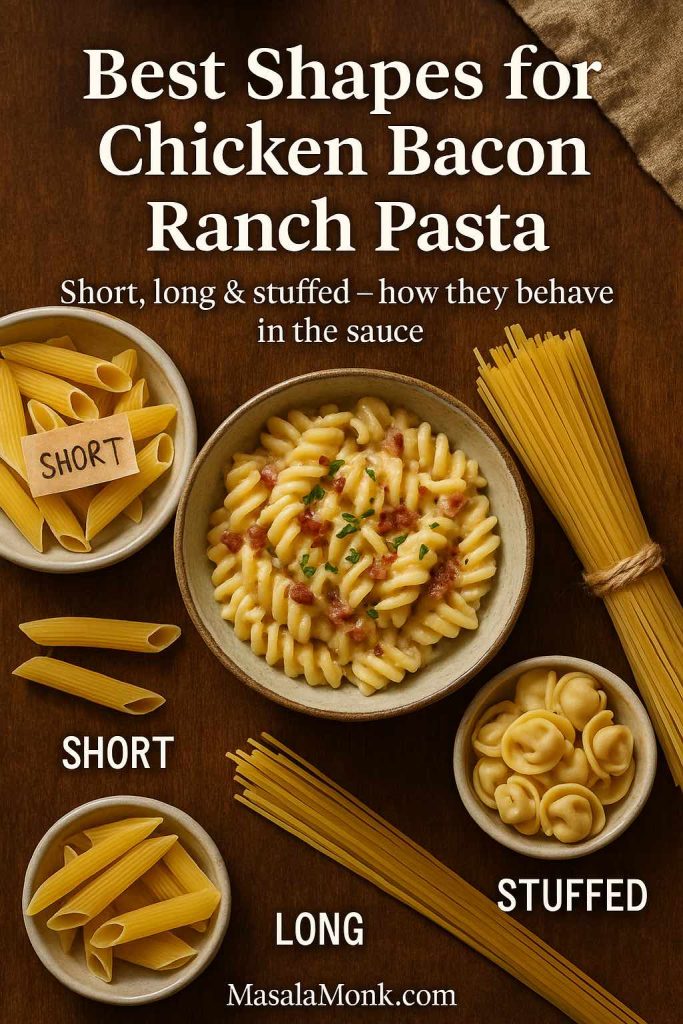 Flatlay of different pasta shapes for chicken bacon ranch pasta, with a creamy bowl of rotini in the center and separate dishes of penne, spaghetti and tortellini labelled short, long and stuffed.