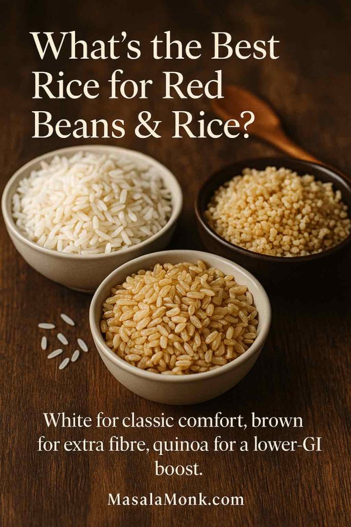 Three bowls filled with white rice, brown rice and quinoa on a wooden table, showing the best grains to serve with red beans and rice.
