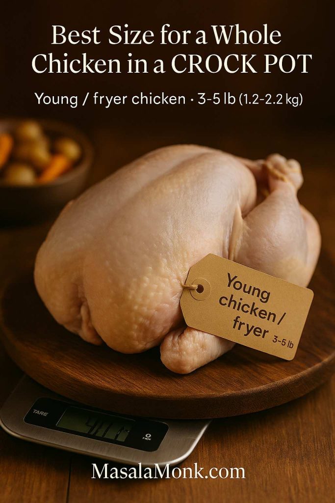 Overhead shot of a young whole chicken on a board next to a kitchen scale reading about 4 pounds, showing the best 3–5 lb size range for a whole chicken in a crock pot.