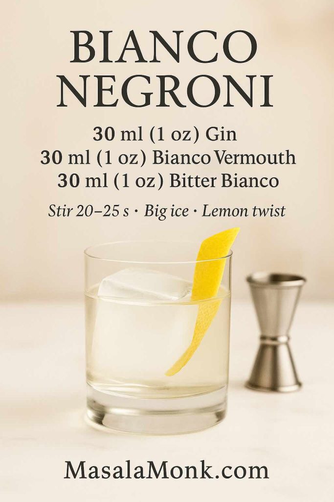 Bianco Negroni recipe card—equal parts gin, bianco vermouth and bitter bianco—stirred over a clear ice cube with a lemon twist; clean marble backdrop.