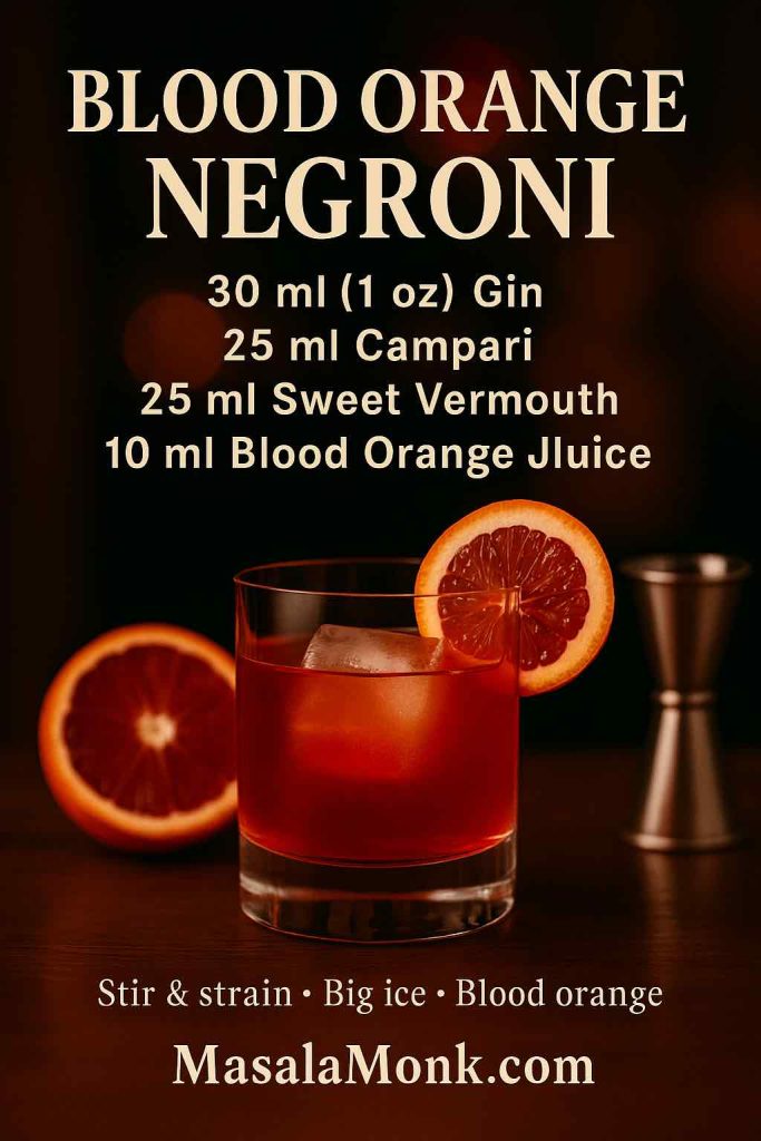 Blood Orange Negroni recipe card—30 ml gin, 25 ml Campari, 25 ml sweet vermouth, 10 ml fresh blood orange juice—stirred over a large ice cube with blood orange garnish.