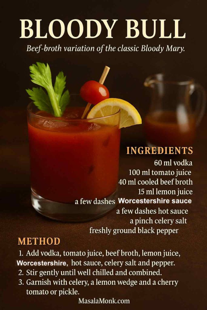 Bloody Bull cocktail recipe card with a short glass of tomato and beef-broth Bloody Mary, garnished with celery, lemon wedge and cherry tomato on a dark wooden surface, MasalaMonk.com
