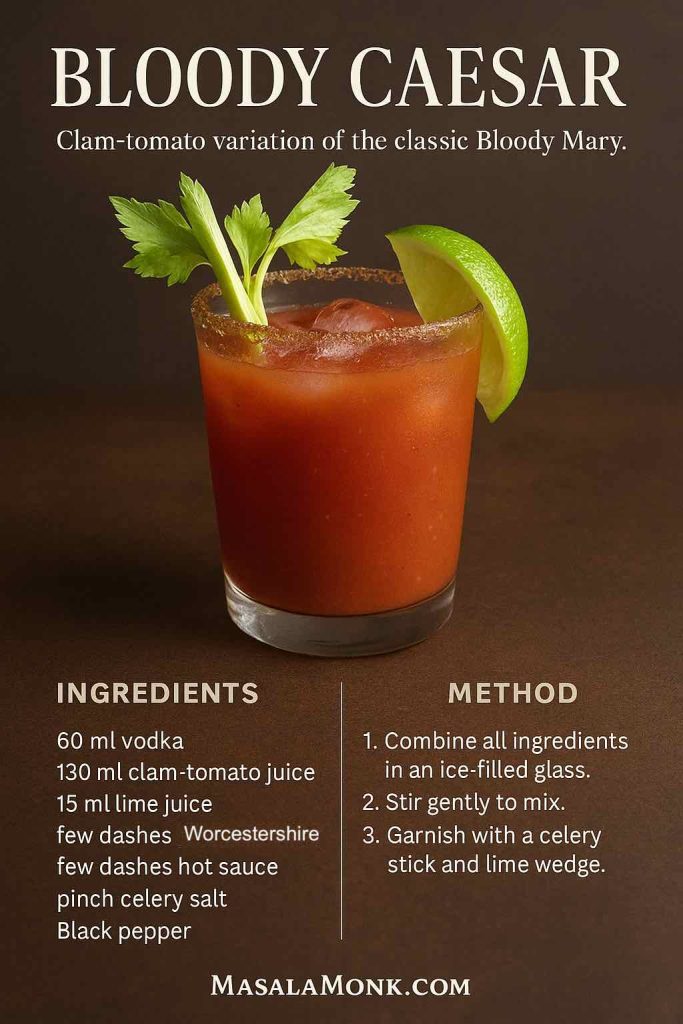 Bloody Caesar cocktail recipe card with a clam-tomato Bloody Mary in a glass rimmed with celery salt, garnished with celery and lime, MasalaMonk.com