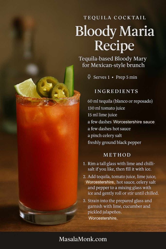 Bloody Maria tequila cocktail recipe card showing a chilli-salt rimmed tomato drink in a highball glass, garnished with lime, jalapeños and cucumber, MasalaMonk.com