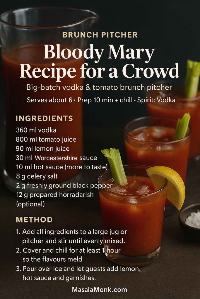 Bloody Mary pitcher recipe card with a large jug and glasses of vodka and tomato cocktail for a brunch crowd, MasalaMonk.com