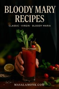 Hand holding a garnished Bloody Mary cocktail in a dark bar setting with the text Bloody Mary Recipes – Classic, Virgin, Bloody Maria by MasalaMonk