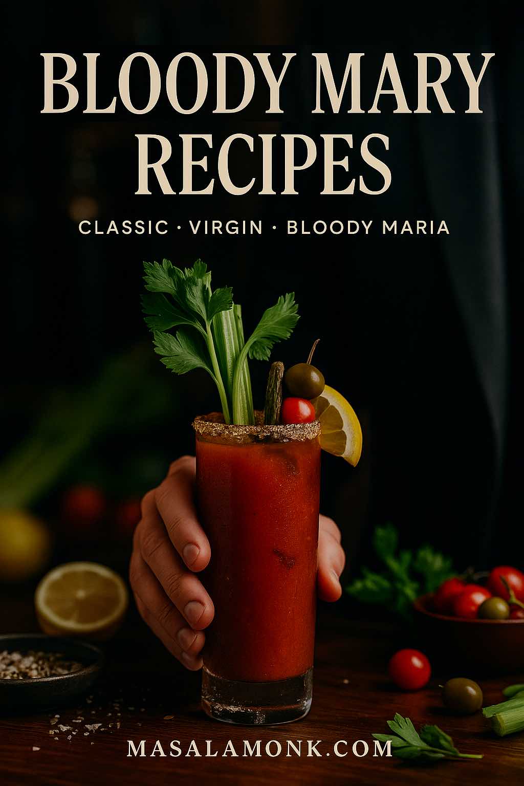 Hand holding a garnished Bloody Mary cocktail in a dark bar setting with the text Bloody Mary Recipes – Classic, Virgin, Bloody Maria by MasalaMonk