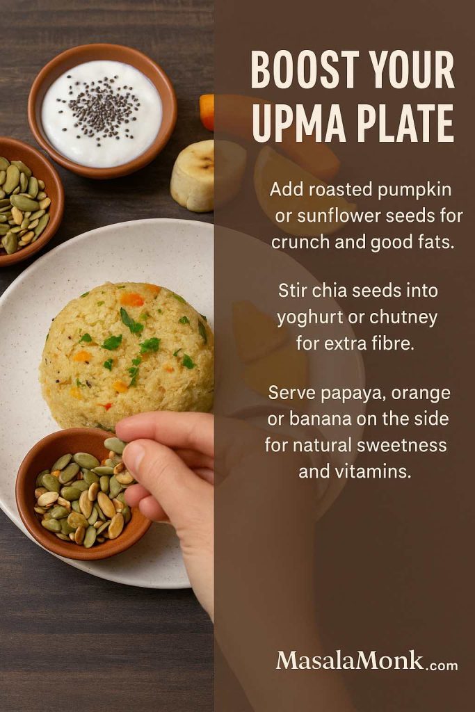 Instructional image showing a plate of upma with small bowls of roasted pumpkin and sunflower seeds, yoghurt topped with chia seeds and sliced banana and orange, with text explaining how to add seeds, chia and fruit to make an upma breakfast more nutritious.