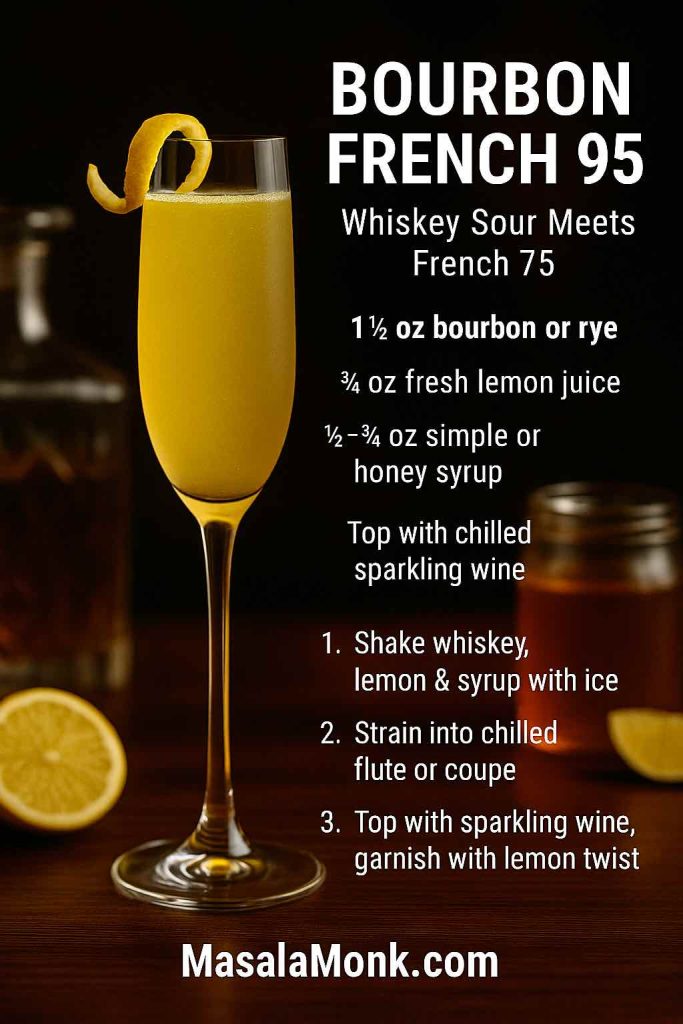 Bourbon French 95 cocktail recipe card showing a golden whiskey French 75 in a champagne flute with a lemon twist, set on a dark wooden bar with whiskey decanter, honey jar and lemon, plus text listing bourbon or rye, lemon juice, simple or honey syrup, sparkling wine and three simple preparation steps.
