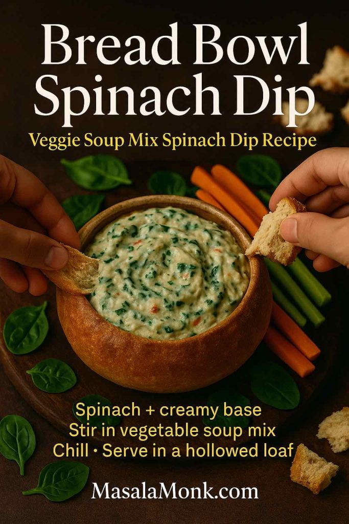 Bread bowl filled with creamy spinach dip made with vegetable soup mix, surrounded by carrot and celery sticks and torn bread pieces, with mini recipe text overlay.