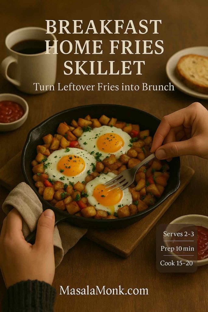 Cast iron skillet filled with breakfast home fries made from chopped leftover fries, peppers and three fried eggs, served with coffee, toast and salsa