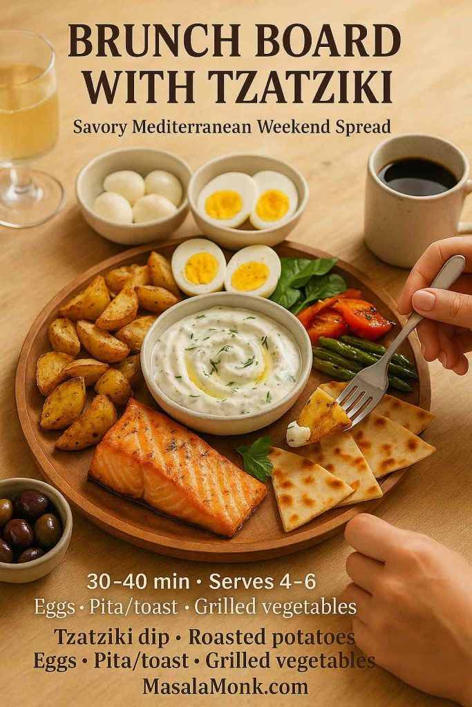 High-resolution photo of a Mediterranean brunch board with a central bowl of Greek tzatziki sauce surrounded by roasted potatoes, soft-boiled eggs, pita wedges, grilled vegetables and fresh greens on a wooden table, with a hand reaching in to take a bite.