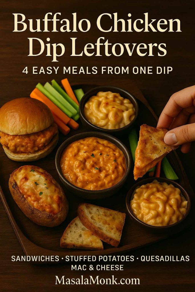 Buffalo chicken dip leftovers turned into four easy meals including a sandwich, stuffed potato, quesadilla wedge and mac and cheese, arranged on a wooden board.