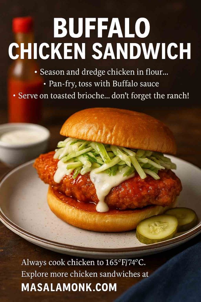 Buffalo chicken sandwich on brioche with celery slaw and ranch; elegant recipe card by MasalaMonk.