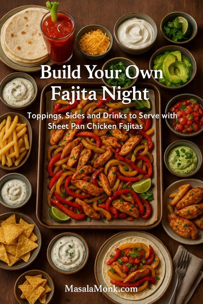 Sheet pan chicken fajitas surrounded by tortillas, cheese, sour cream, guacamole, salsa, fries, dips and drinks on a wooden table with the text Build Your Own Fajita Night.