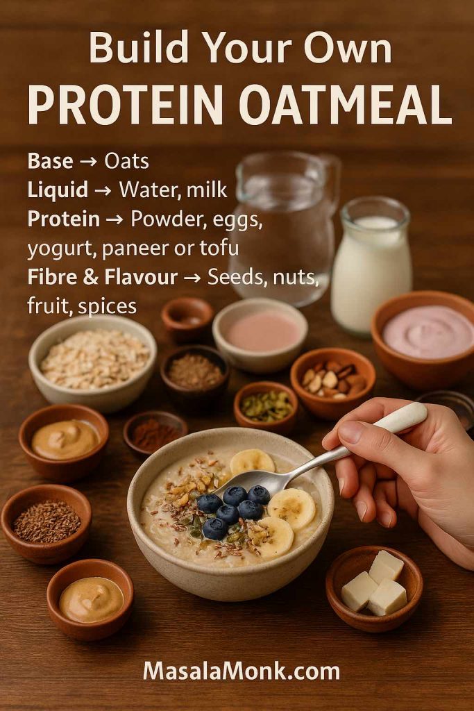 Hand holding a spoon over a bowl of protein oatmeal surrounded by small bowls of oats, milk, yogurt, tofu, nuts, seeds and spices with text explaining how to build your own protein oatmeal.