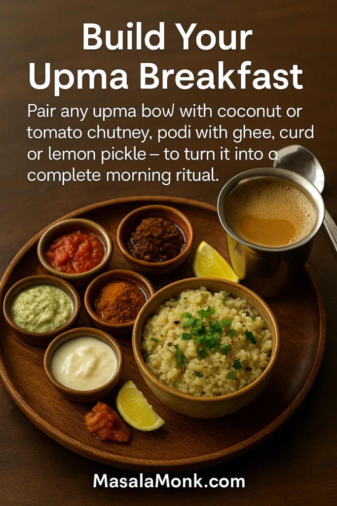 Upma breakfast platter on a wooden tray with a bowl of rava upma, coconut and tomato chutneys, podi with ghee, curd, lemon wedges and a tumbler of filter coffee, with text suggesting pairing upma with chutneys, pickle and a warm drink for a complete morning meal.