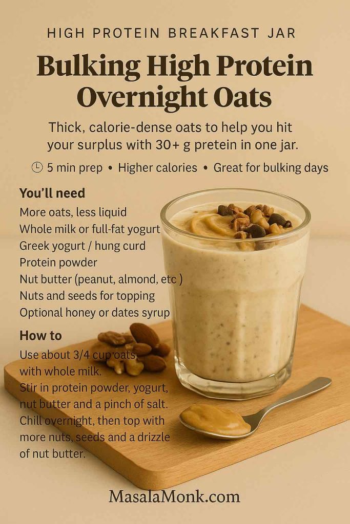 Bulking High Protein Overnight Oats recipe card showing a creamy jar of overnight oats on a wooden board with nuts and chia seeds, plus a short list of higher-calorie ingredients and a simple how-to for mass-gainer breakfast.