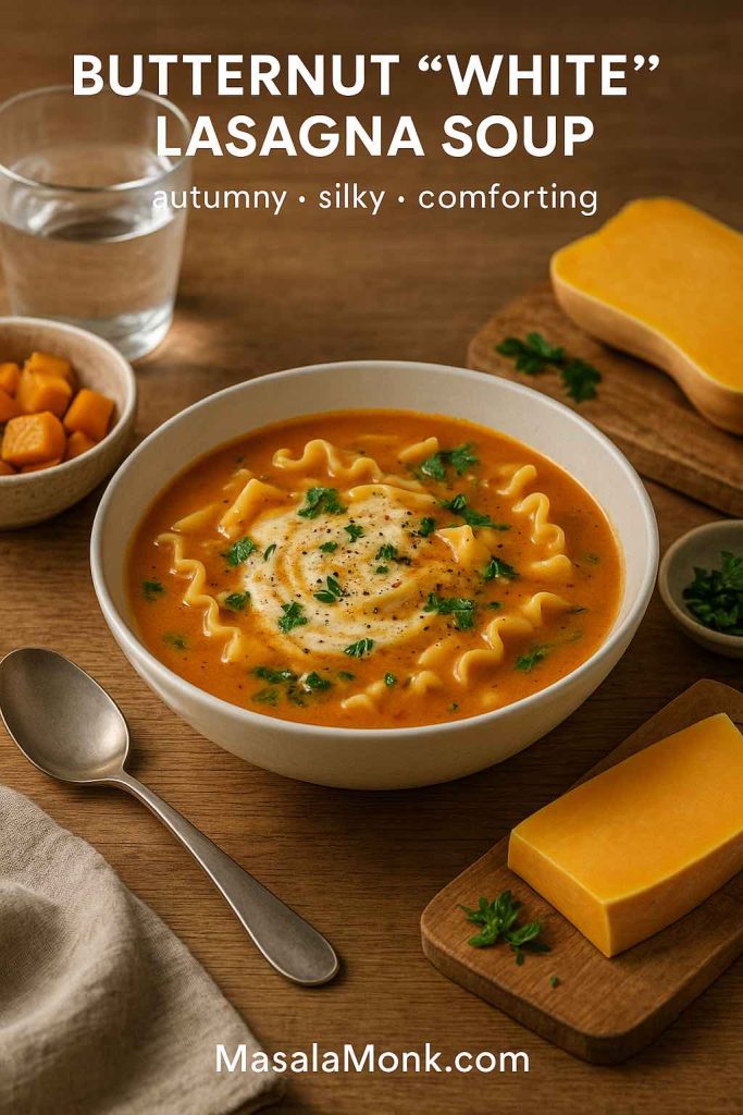 Butternut “white” lasagna soup in an ivory bowl—silky squash base with a cream swirl, ruffled noodles, parsley; roasted squash and parmesan on the side.