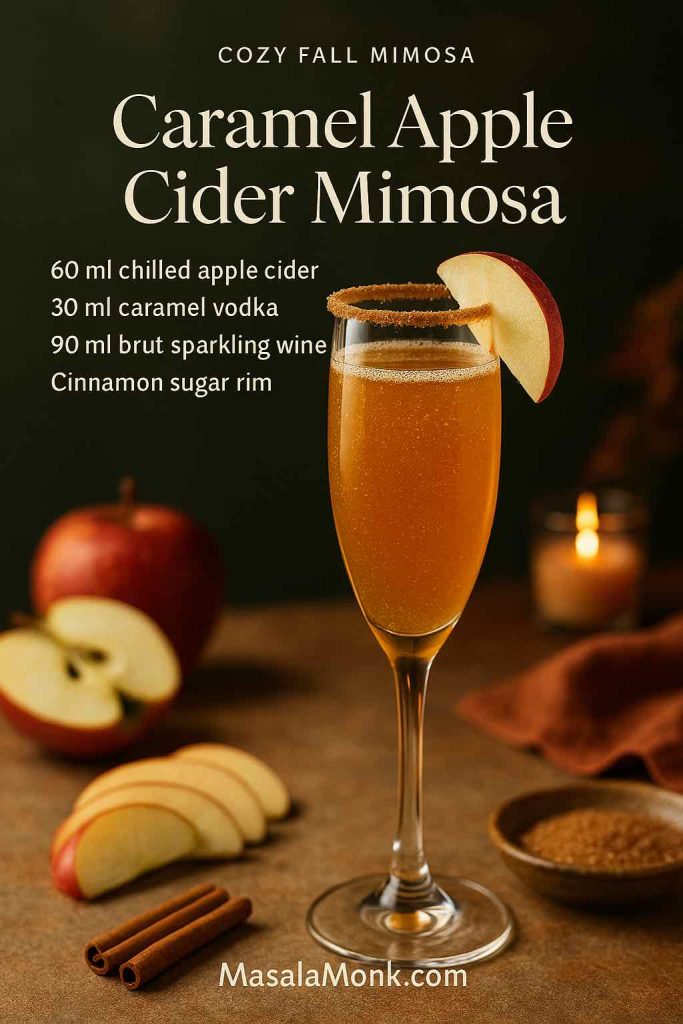 Caramel apple cider mimosa recipe card with a golden Champagne flute cocktail made from 60 ml apple cider, 30 ml caramel vodka and 90 ml brut sparkling wine, served with a cinnamon sugar rim and apple slice on a cozy fall brunch table, MasalaMonk.com branding.