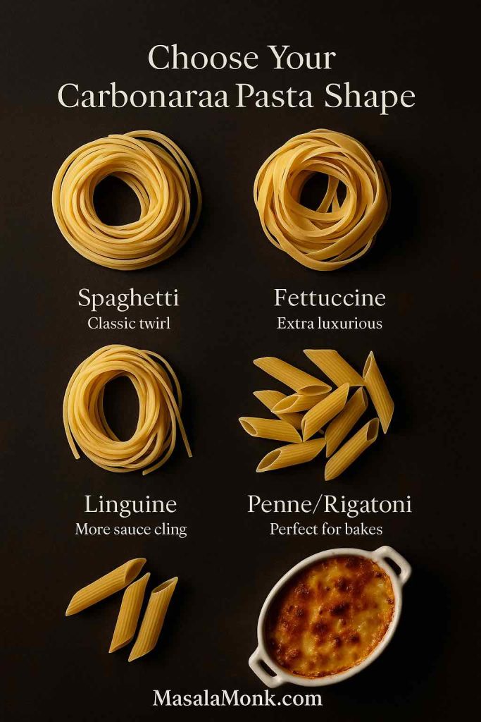 Vertical photo of four pasta shapes for carbonara—nests of spaghetti, linguine and fettuccine plus a pile of penne—arranged on a dark background with a small baked carbonara dish.