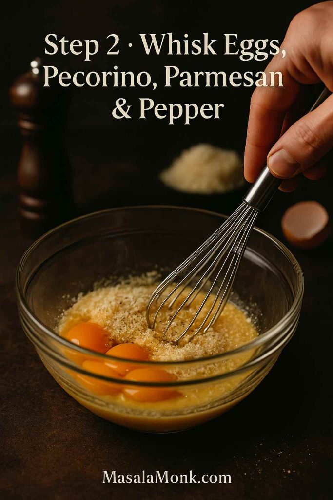 Hand whisking egg yolks, grated Pecorino, Parmesan and black pepper in a glass bowl to make silky carbonara sauce.