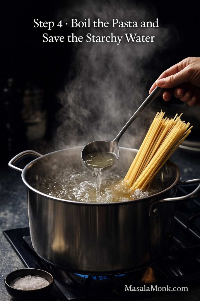 Large pot of boiling salted water on the stove, with spaghetti being lowered in and a ladle scooping out starchy pasta water for carbonara