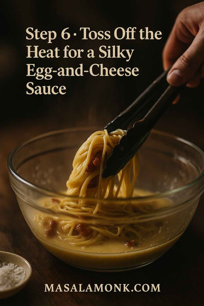 Hand using tongs to toss hot spaghetti and pancetta in a glass bowl of egg-and-cheese mixture off the heat, forming a glossy carbonara sauce.