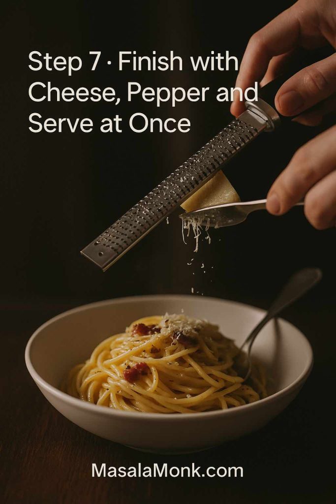 Hand grating Pecorino Romano over a bowl of glossy spaghetti carbonara with crisp pancetta, ready to serve immediately.