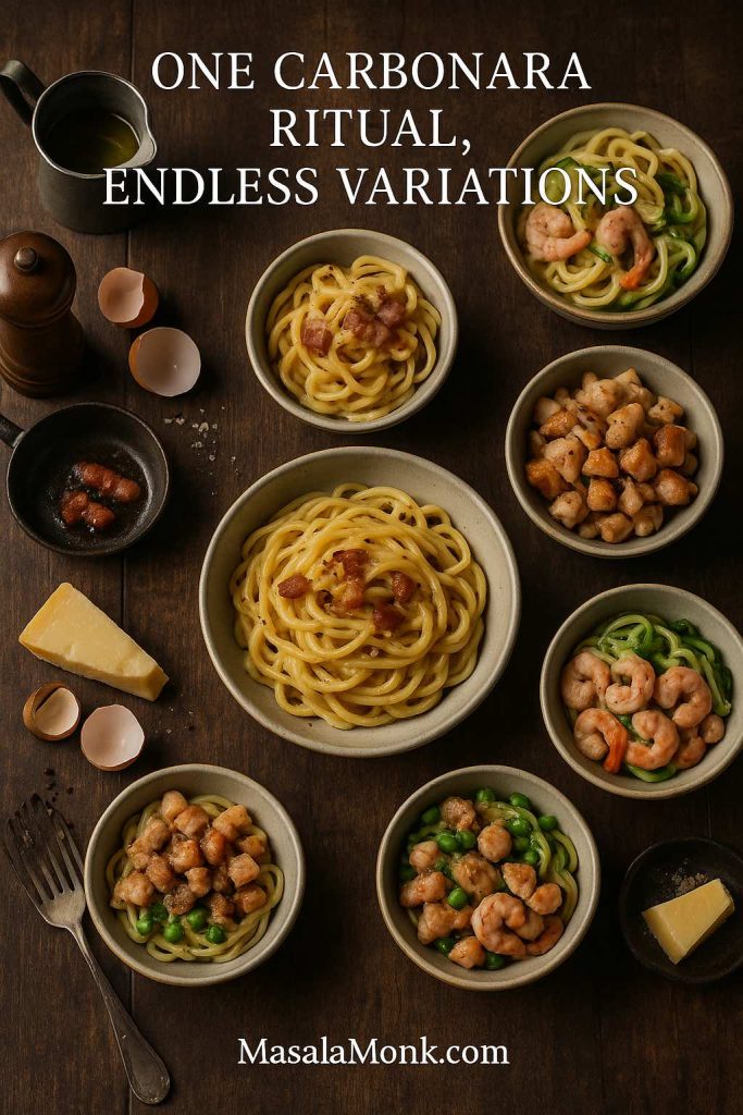 Overhead photo of a central bowl of classic spaghetti carbonara surrounded by smaller bowls of creamy, vegetarian mushroom, chicken, shrimp, tuna and keto zucchini carbonara on a wooden table.