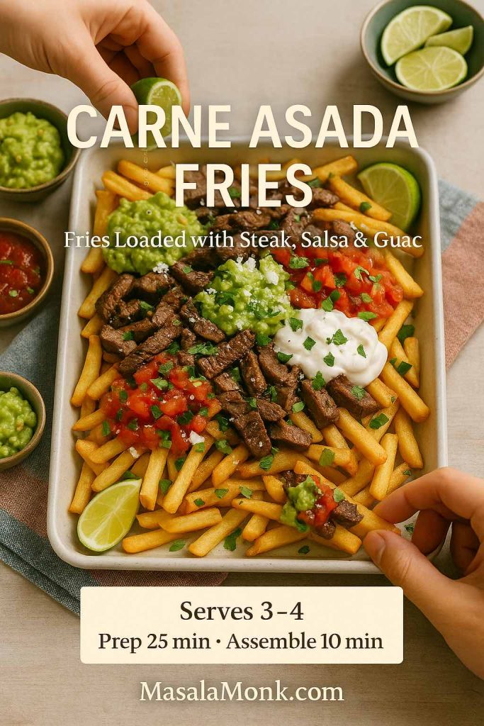 Carne asada fries on a rectangular tray topped with grilled steak strips, guacamole, salsa, sour cream and cilantro, with hands squeezing lime and reaching for a fry.