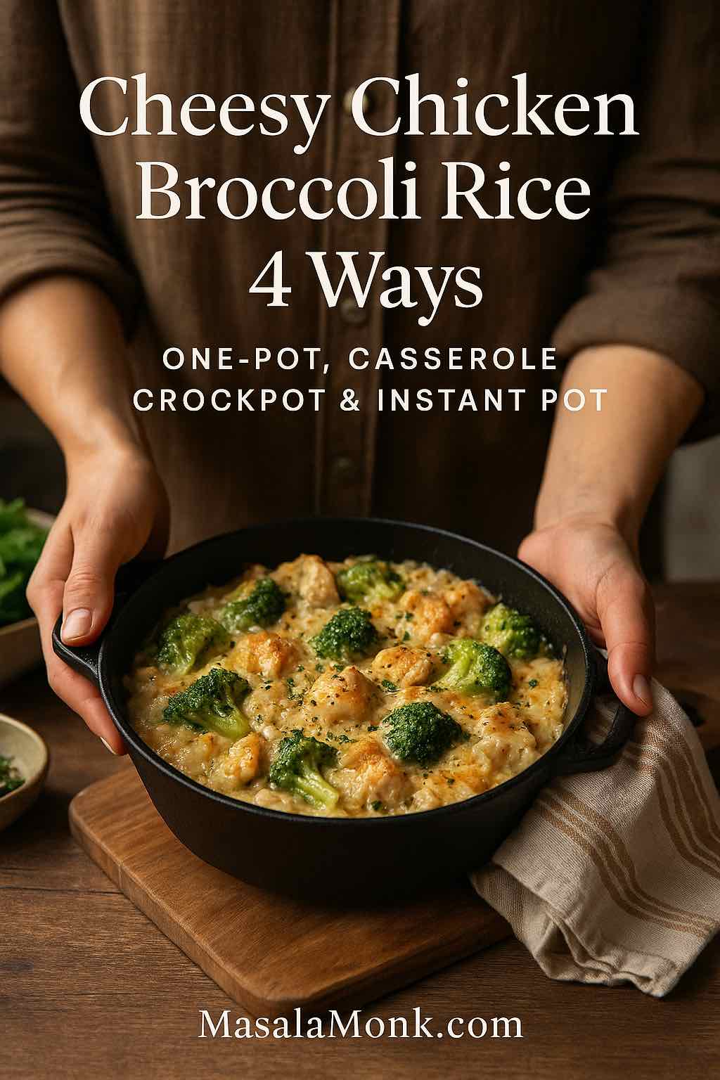 Person holding a cast-iron pan of cheesy chicken broccoli rice, highlighting one-pot, casserole, crockpot and Instant Pot versions from MasalaMonk