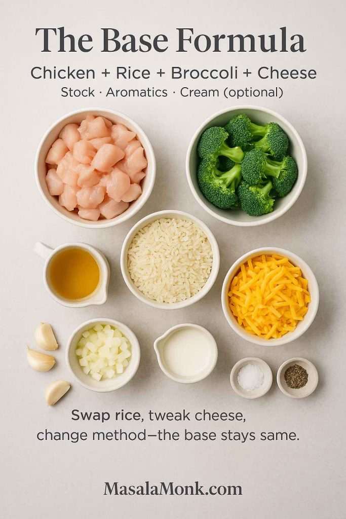 Flatlay of core ingredients for cheesy chicken broccoli rice—bowls of diced chicken, uncooked rice, broccoli florets, shredded cheddar, stock, cream, garlic, onion, salt and pepper—with text ‘The Base Formula: Chicken + Rice + Broccoli + Cheese’.
