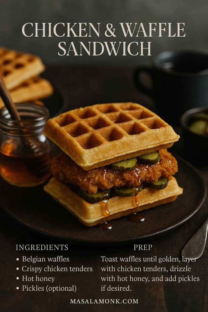 Chicken & waffle sandwich with crispy tenders, hot honey drizzle and pickles—MasalaMonk recipe card.