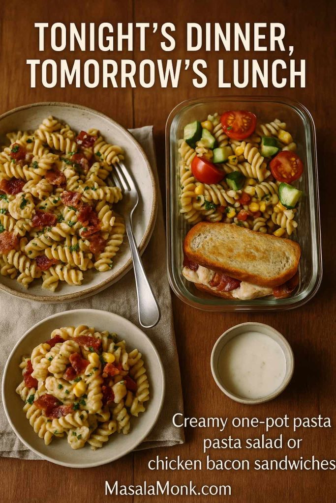 Side-by-side view of creamy chicken bacon ranch pasta for dinner, a glass container of pasta salad with vegetables, and a chicken bacon sandwich to show how to use leftovers for tomorrow’s lunch.