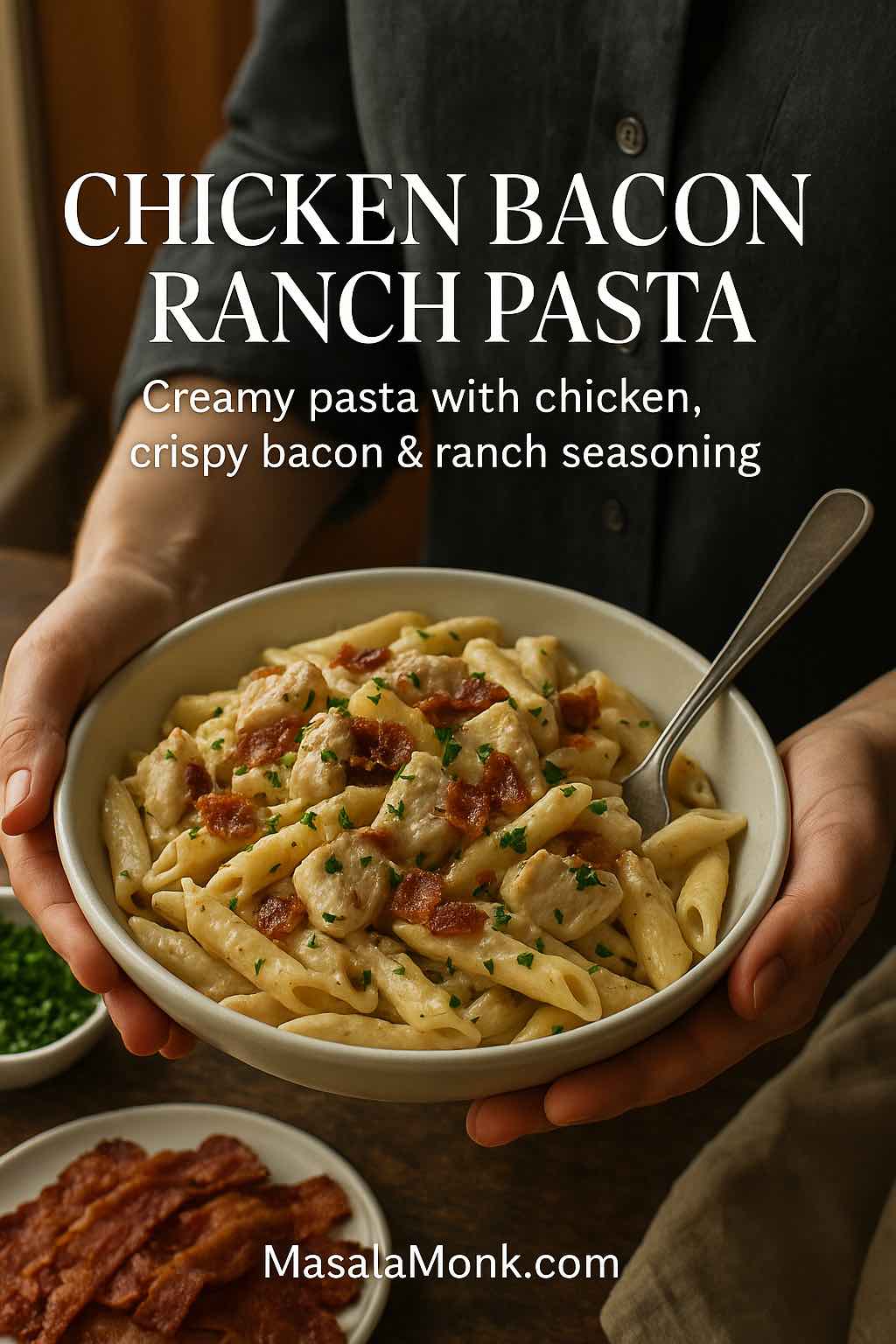 Hands holding a bowl of creamy chicken bacon ranch pasta with crispy bacon pieces, styled like a premium magazine cover for MasalaMonk.