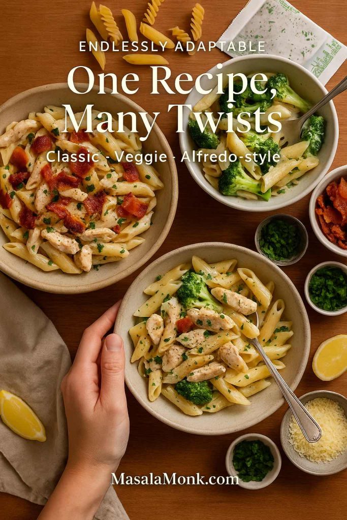 Three bowls of chicken bacon ranch pasta showing classic, broccoli veggie, and Alfredo-style variations on a wooden table with ranch packet, bacon and herbs.