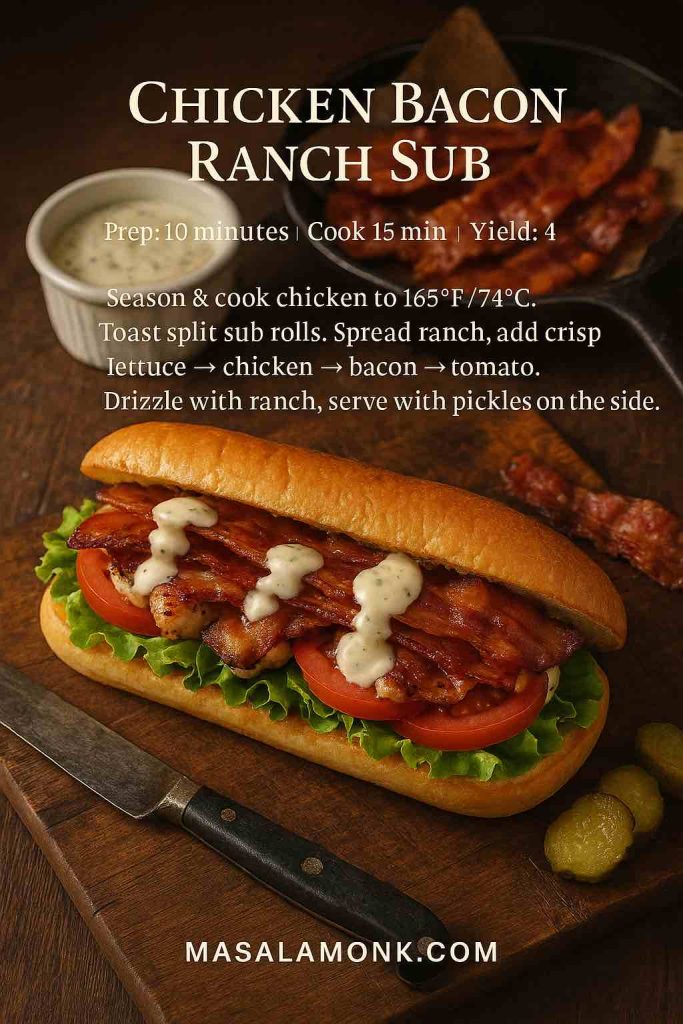 Chicken bacon ranch sub with grilled chicken, crispy bacon, lettuce, tomato and ranch on a toasted roll — MasalaMonk.