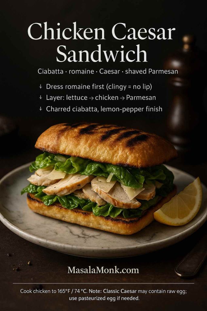 Chicken Caesar sandwich on charred ciabatta with dressed romaine and shaved Parmesan—MasalaMonk recipe card.