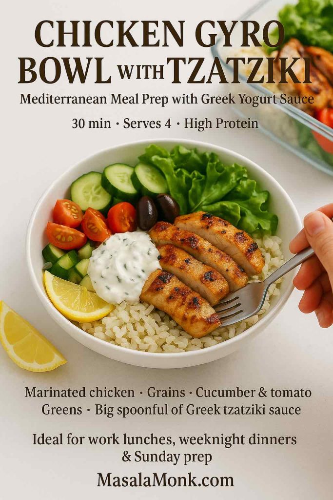 High-resolution photo of a chicken gyro bowl with tzatziki, featuring sliced grilled chicken, rice, cucumber, tomatoes, olives, lettuce and a dollop of Greek yogurt sauce in a white bowl, with a hand holding a fork and a meal prep container in the background.