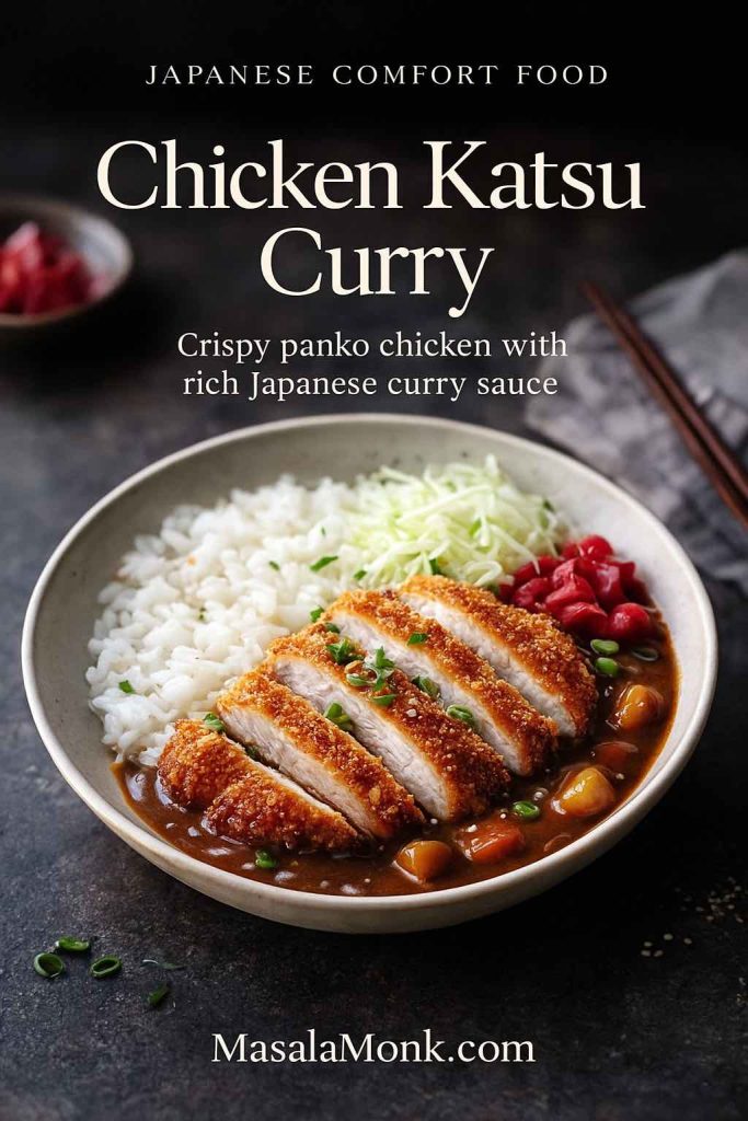 Chicken katsu curry recipe card with sliced panko chicken, rice and Japanese curry in a bowl.