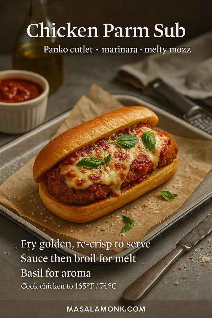 Chicken Parm sub with crispy panko cutlet, marinara, melted mozzarella and basil; elegant recipe card by MasalaMonk.