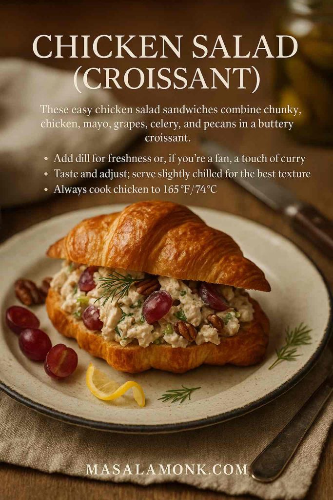 Chicken salad croissant with grapes, celery and pecans; elegant recipe card by MasalaMonk.