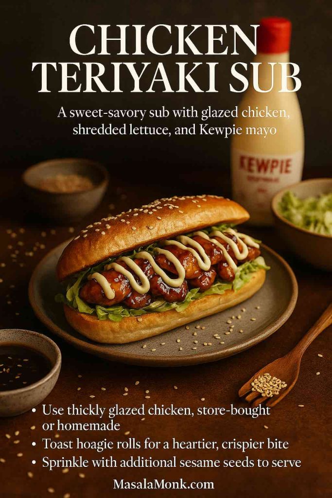 Chicken teriyaki sub with glossy glazed chicken, shredded lettuce, Kewpie mayo and sesame—MasalaMonk recipe card.