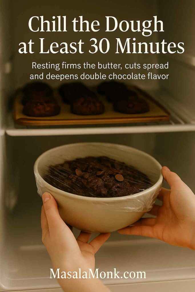 Hands placing a covered bowl of double chocolate cookie dough into the fridge, with baked cookies on a tray above, illustrating the chilling step before baking double chocolate chip cookies.