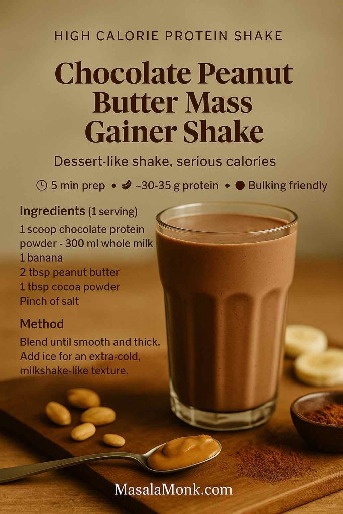 Chocolate Peanut Butter Mass Gainer Shake high calorie protein shake recipe card with a rich chocolate smoothie in a glass, peanuts, banana slices and cocoa powder on a wooden board, from MasalaMonk.com